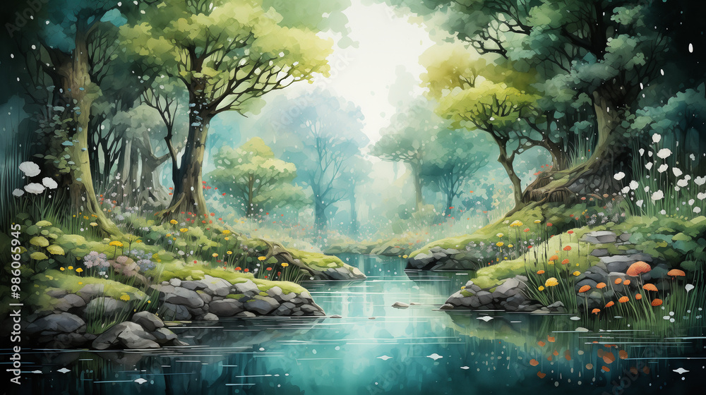 A serene landscape featuring tranquil river surrounded by lush greenery and vibrant flowers. scene captures beauty of nature, evoking sense of peace and harmony.