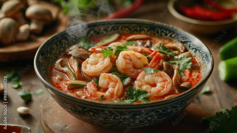 A delicious serving of tom yum goong with shrimp, mushrooms, and fresh herbs, presented in a bowl with a backdrop of Thai ingredients and a hint of steam. A delicious serving of tom yum goong with shrimp, mushrooms, and fresh herbs, presented in a bowl with a backdrop of Thai ingredients and a hint of steam.