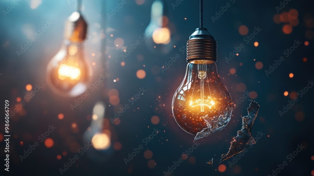 Light bulbs hanging from the ceiling, one broken, another glowing bright, symbolizing good and bad ideas. Light bulbs hanging from the ceiling, one broken, another glowing bright, symbolizing good and bad ideas.