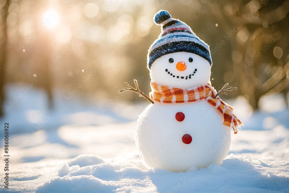Cute Little Snowman Smiling on the Snow, AI generated illustration