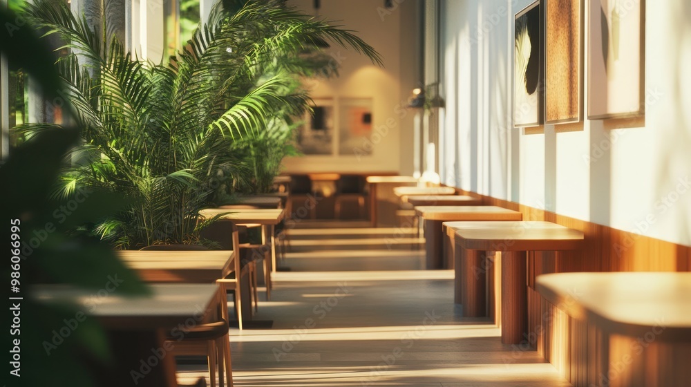 Fototapeta premium A serene café interior with wooden tables and lush greenery, inviting relaxation and conversation.