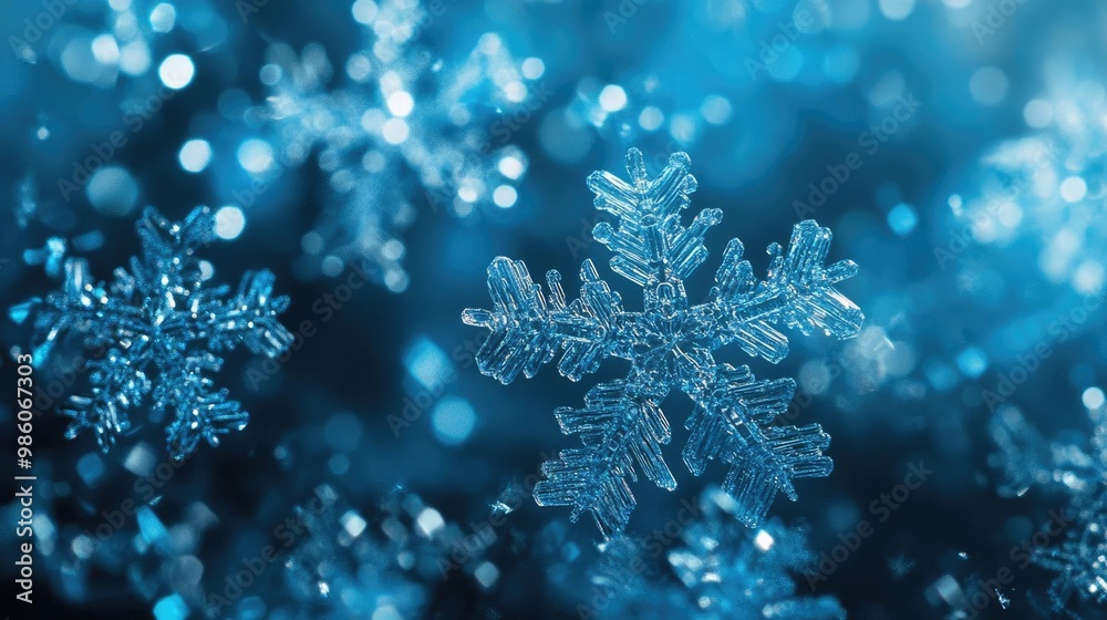 Delicate snowflakes gently fall against a beautiful blue backdrop, creating a serene and enchanting winter atmosphere. Delicate snowflakes gently fall against a beautiful blue backdrop, creating a serene and enchanting winter atmosphere.