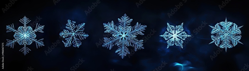 Collection of unique snowflakes against a dark background, showcasing intricate designs and crystal formations. Collection of unique snowflakes against a dark background, showcasing intricate designs and crystal formations.