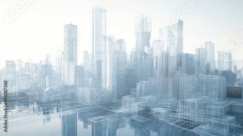 Wireframe city skyline reflecting in water.