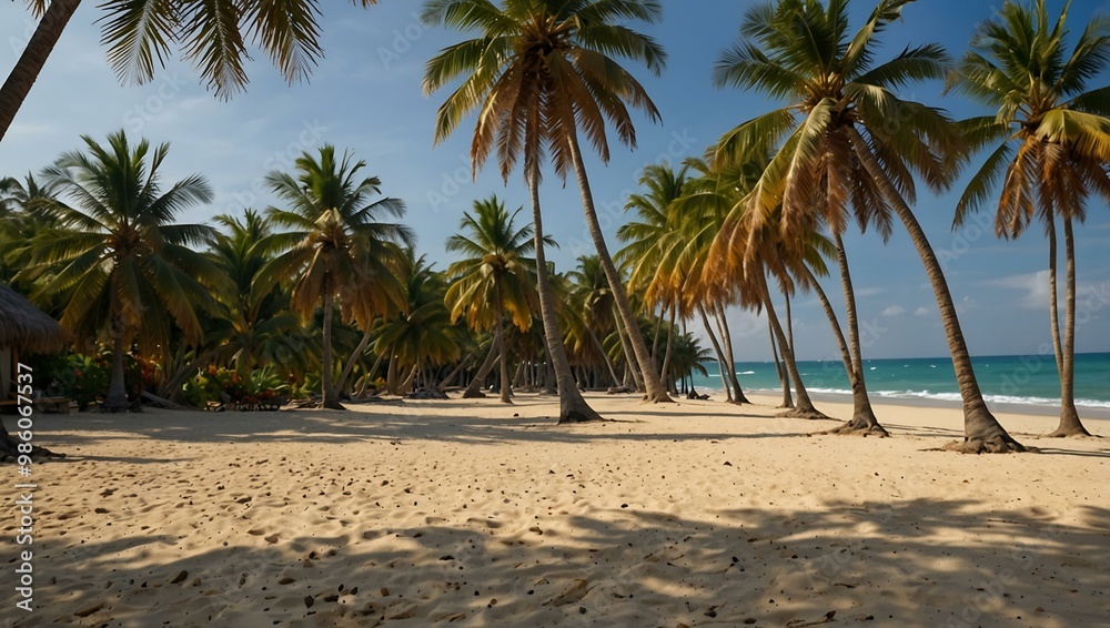 Tropical beach lined with palm trees. Tropical beach lined with palm trees.