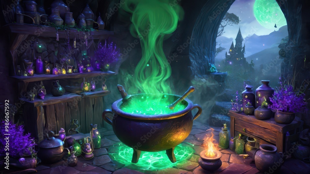 Purple steam rises from a bubbling cauldron in a magical forest workshop, with shelves of colorful potions and herbs, and the full moon shining through an arched doorway Purple steam rises from a bubbling cauldron in a magical forest workshop, with shelves of colorful potions and herbs, and the full moon shining through an arched doorway