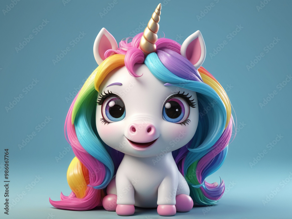 Fototapeta premium Magic fairy tale character unicorn 3d illustration for girls. Magic fairy tale unicorn print for clothes, stationery, books, goods