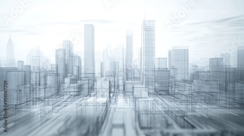 Wireframe of modern city skyline with blue sky.