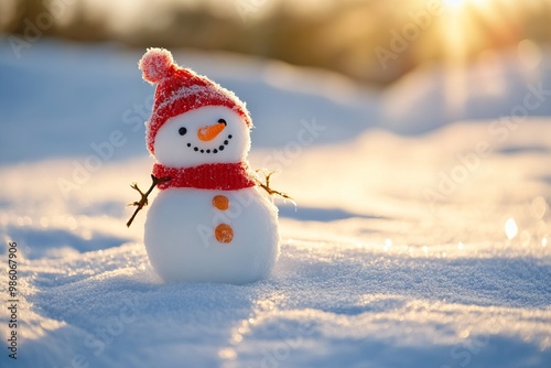 Cute Little Snowman Smiling on the Snow, AI generated illustration