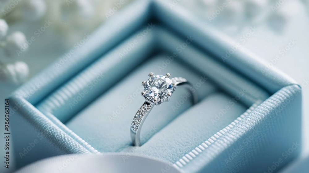A diamond ring presented in an elegant gift box, with a soft focus background and delicate ribbon, perfect for a special occasion or celebration. A diamond ring presented in an elegant gift box, with a soft focus background and delicate ribbon, perfect for a special occasion or celebration.