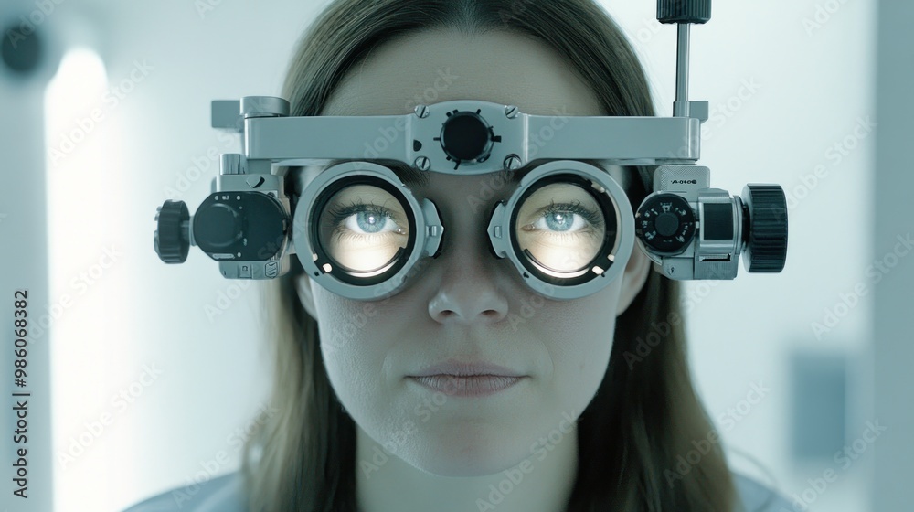 A young woman has an eye exam with a refractor device. A young woman has an eye exam with a refractor device.
