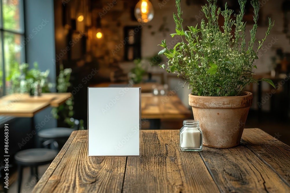 rustic bar menu mockup wooden table setting with white paper sheets and acrylic tent card blurred warm cafeteria ambiance