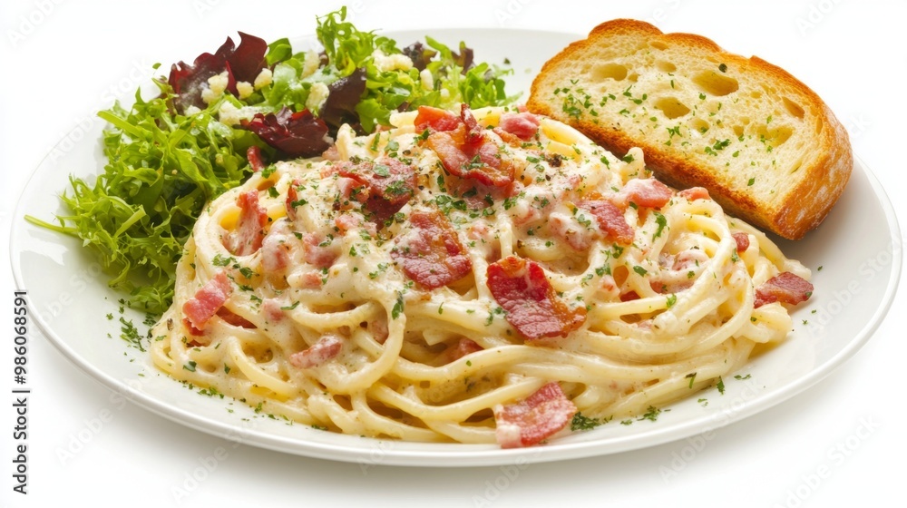 A dish of spaghetti carbonara with a velvety, creamy sauce and crispy bacon pieces, served with a side of fresh salad and a slice of garlic bread, all set against a white background. A dish of spaghetti carbonara with a velvety, creamy sauce and crispy bacon pieces, served with a side of fresh salad and a slice of garlic bread, all set against a white background.