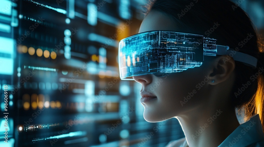 Modern Technology Integration: Person Wearing Augmented Reality Glasses Interacting with Neural Networks Data in Urban Environment Modern Technology Integration: Person Wearing Augmented Reality Glasses Interacting with Neural Networks Data in Urban Environment