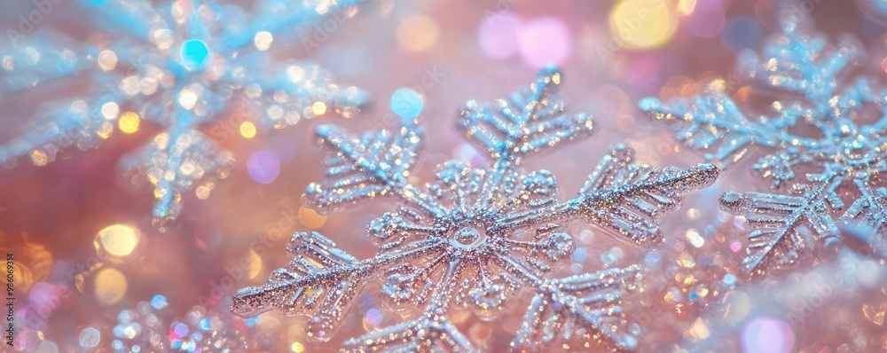 Delicate snowflakes covered in sparkling frost against a soft pink background, creating a magical winter wonderland atmosphere. Delicate snowflakes covered in sparkling frost against a soft pink background, creating a magical winter wonderland atmosphere.