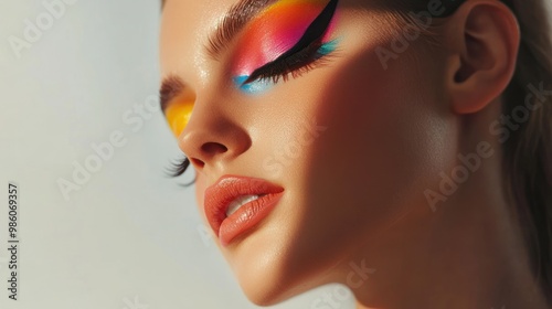 Close-up of a woman's face with colorful eye shadow and black eyeliner.