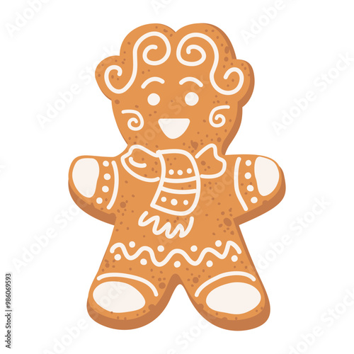 Gingerbread Man Cookie with decorative sweet icing. Hand drawn vector illustration isolated on white background. Traditional winter holiday ginger baking
