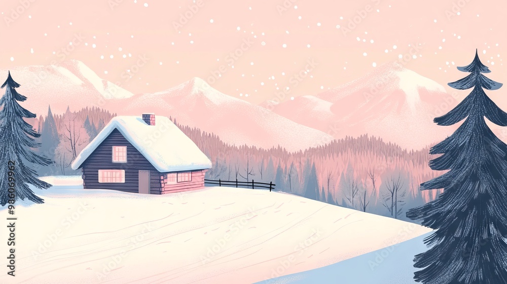 Naklejka premium Hand-Drawn Illustration of a Cozy Winter Cabin in the Mountains, Pastel Tones, AI generated illustration