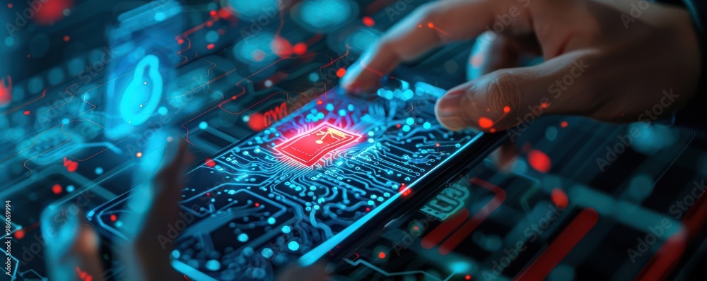 Finger touching a smartphone, activating a glowing cybersecurity interface. Free copy space for banner. Finger touching a smartphone, activating a glowing cybersecurity interface. Free copy space for banner.