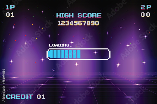 LOADING bar .pixel art .8 bit. retro game. for game assets in vector illustrations. Retro Futurism Sci-Fi Background. glowing neon grid and star from vintage arcade computer game.