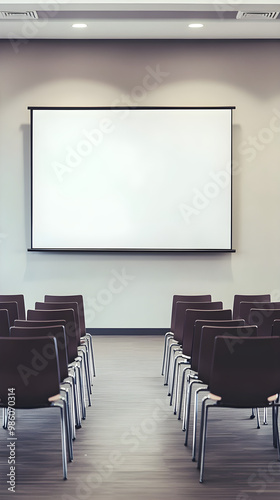 A conference room with chairs neatly arranged in rows facing a blank screen ready for a presentation or meeting