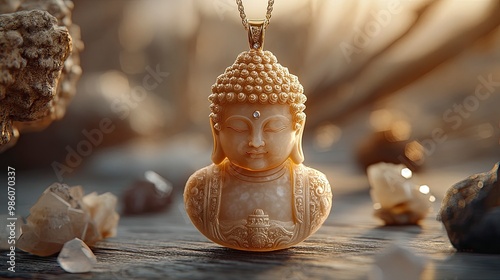 An intricately designed Buddha pendant made of gold, displayed on a simple wooden surface with a backdrop of soft, diffused light. photo