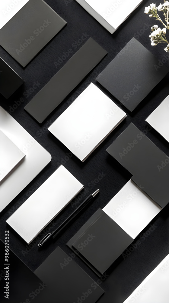 A flat lay of minimalist business cards and branded stationery arranged neatly on a dark surface showcasing modern design aesthetics A flat lay of minimalist business cards and branded stationery arranged neatly on a dark surface showcasing modern design aesthetics