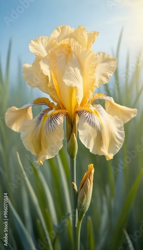 Beautiful yellow iris flower blooming in soft sunlight against a blurred background