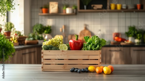 Fresh Organic Food Displayed on Wooden Crates in a Modern Kitchen. AI generated illustration