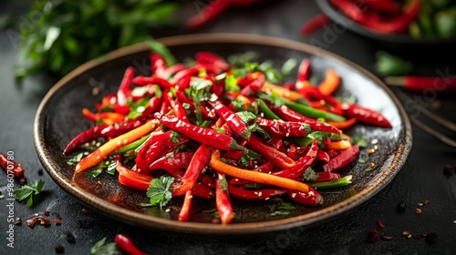 A dynamic image of a spicy stir-fry dish with red chili peppers prominently featured, served on a plate with a sprinkle of fresh herbs.