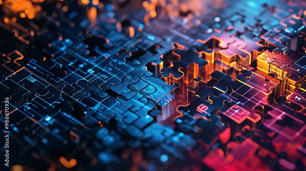 Obraz premium Conceptual Interlocking Puzzle Pieces with Information System and Neural Networks Labels on Colorful Background