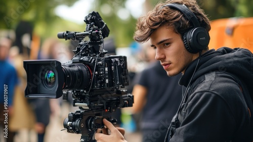Young man in headphones filming with professional camera outdoors.