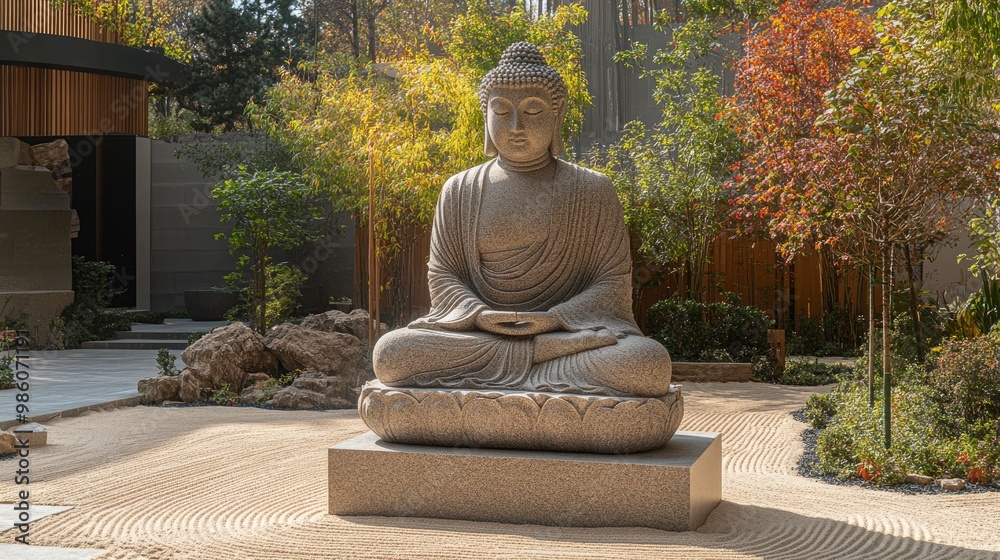 A serene Buddha statue made of polished granite, positioned on a small stone platform in a Zen garden with carefully raked sand. The clean, geometric lines of the garden complement the smooth, A serene Buddha statue made of polished granite, positioned on a small stone platform in a Zen garden with carefully raked sand. The clean, geometric lines of the garden complement the smooth,