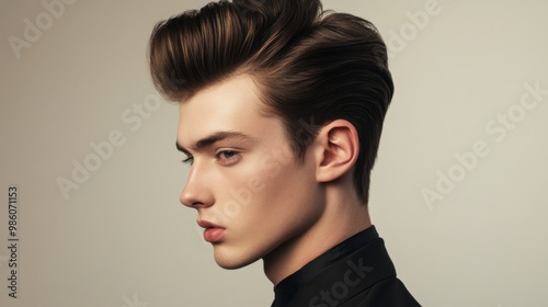Close-up portrait of a young man with styled hair, looking to the side.