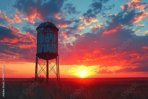 rustic water tower silhouetted against dramatic sunset sky weathered metal structure with intricate details surrounded by windswept prairie grass nostalgic americana atmosphere