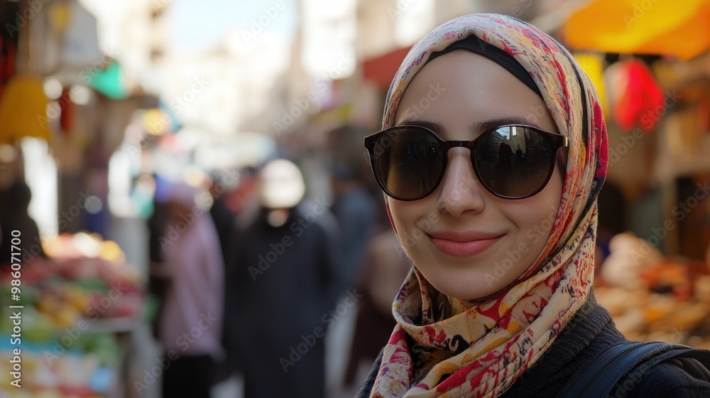 A woman wearing a colorful headscarf smiles in a bustling market. A woman wearing a colorful headscarf smiles in a bustling market.