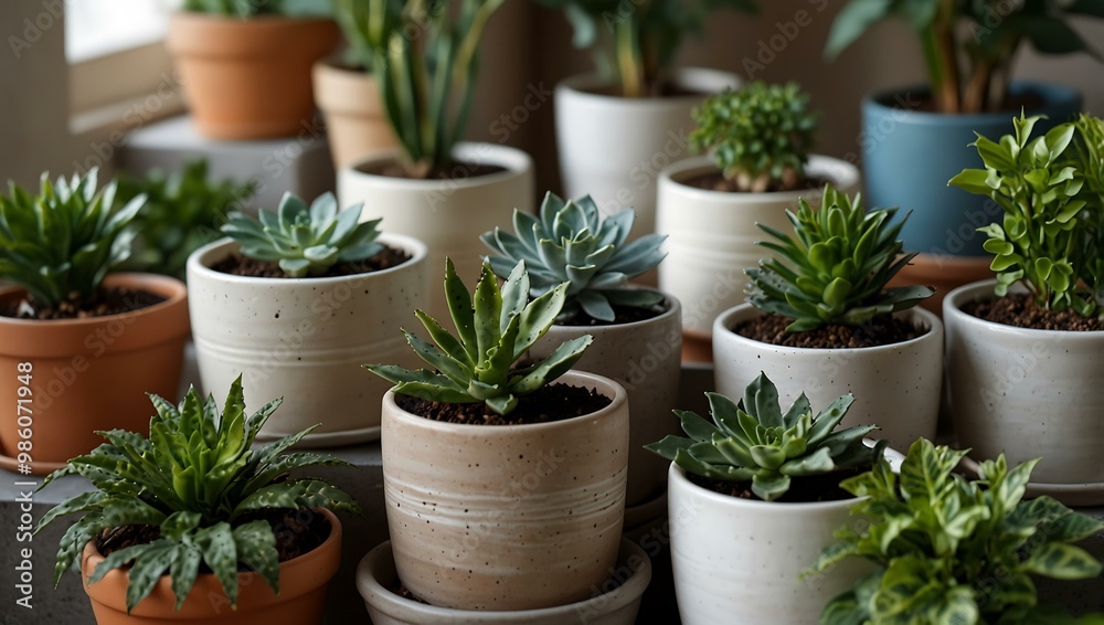 Variety of houseplants in ceramic pots. Variety of houseplants in ceramic pots.