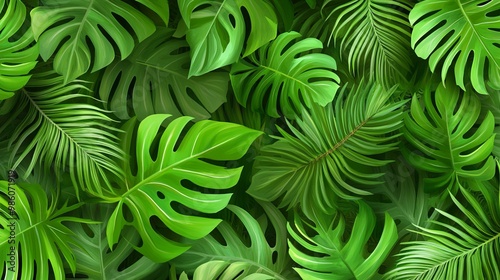 Seamless Pattern of Tropical Leaves in Vibrant Green Shades. AI generated illustration