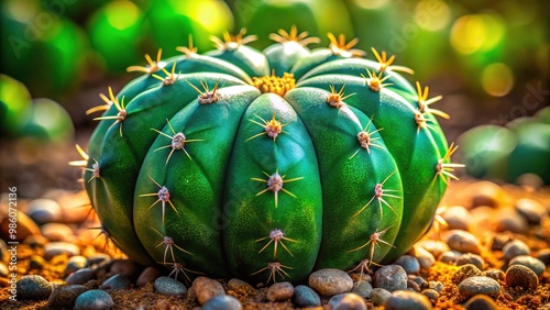 Stunning Lophophora cactus showcasing a distinctive rounded form and rich green hue, set against a natural backdrop, highlights its captivating beauty and resilience. photo