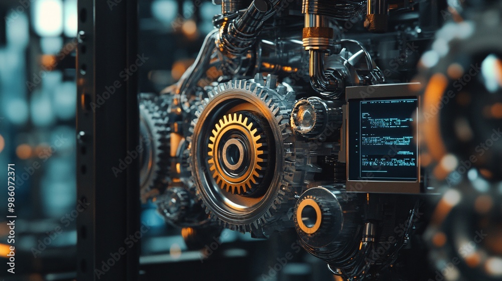Precision Robotics: Gears in Harmony with Metallic Textures and Real-Time Data Display Precision Robotics: Gears in Harmony with Metallic Textures and Real-Time Data Display