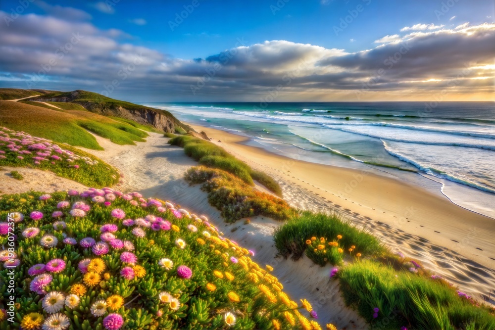 Coastal landscape with white sand dunes ocean and wildflowers Coastal landscape with white sand dunes ocean and wildflowers