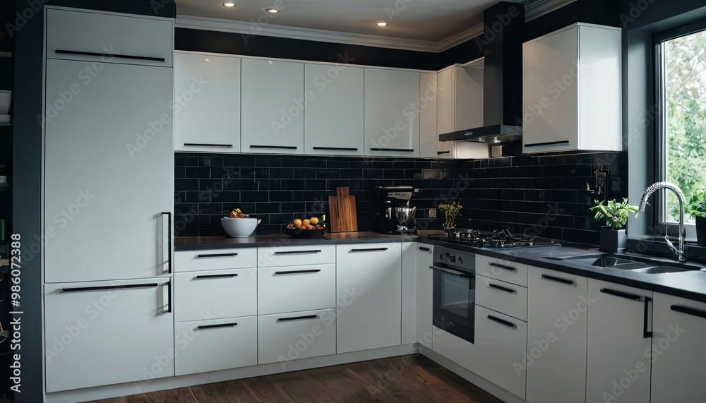 Fototapeta premium a Beautiful modern kitchen interior, wood cabinet