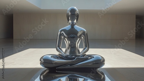 A modern Buddha sculpture made of polished metal, displayed in a contemporary art space with stark, clean lines and a minimalist design. The sculptureâ€™s reflective surface interacts dynamically with photo