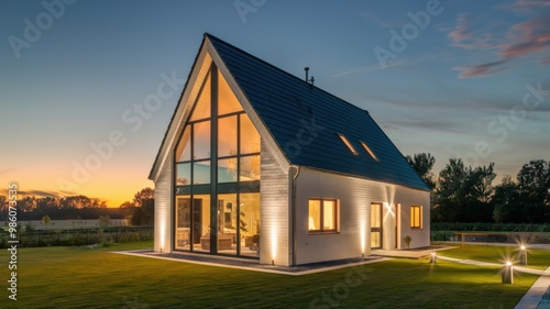 a photo of a modern, a-frame house during the evening. the house is painted in a light color, possibly white or light gray, and features large glass windows that are illuminated from the inside.