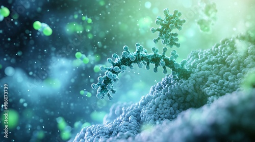 Intracellular Protein Synthesis: Ribosome Translating mRNA on Rough ER in Cytoplasmic Environment with Polypeptide Chain - Detailed Close-up in Soft Blue and Green Tones photo