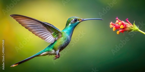 A delicate, iridescent bird with an elongated beak and forked tail drifts above a flower, its shimmering feathers catching the eye as it sips nectar. photo