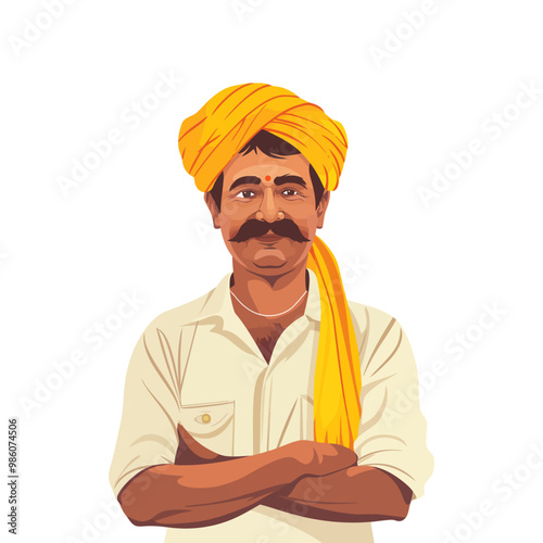 A cartoon illustration of an Indian farmer wearing a yellow turban and traditional attire, with a confident smile and crossed arms. This design is perfect for rural themes, agricultural content