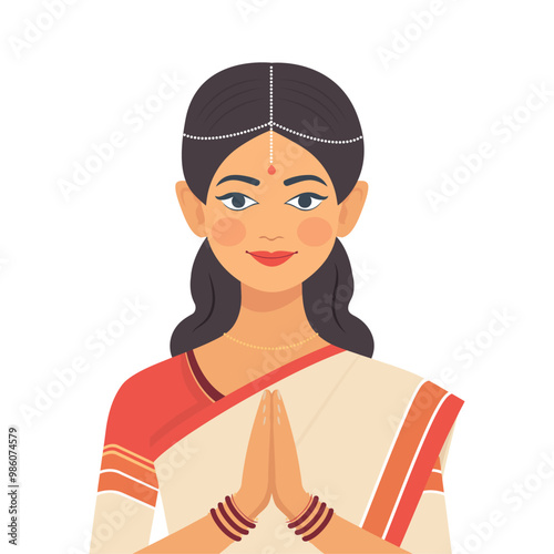 A beautiful cartoon illustration of a woman in a cream and red sari, offering a Namaste gesture. Perfect for greeting cards, cultural projects, and festive designs related to Indian traditions.