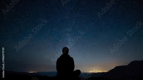 A starry night sky with a silhouette of a person gazin