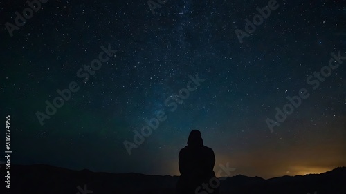 A starry night sky with a silhouette of a person gazin